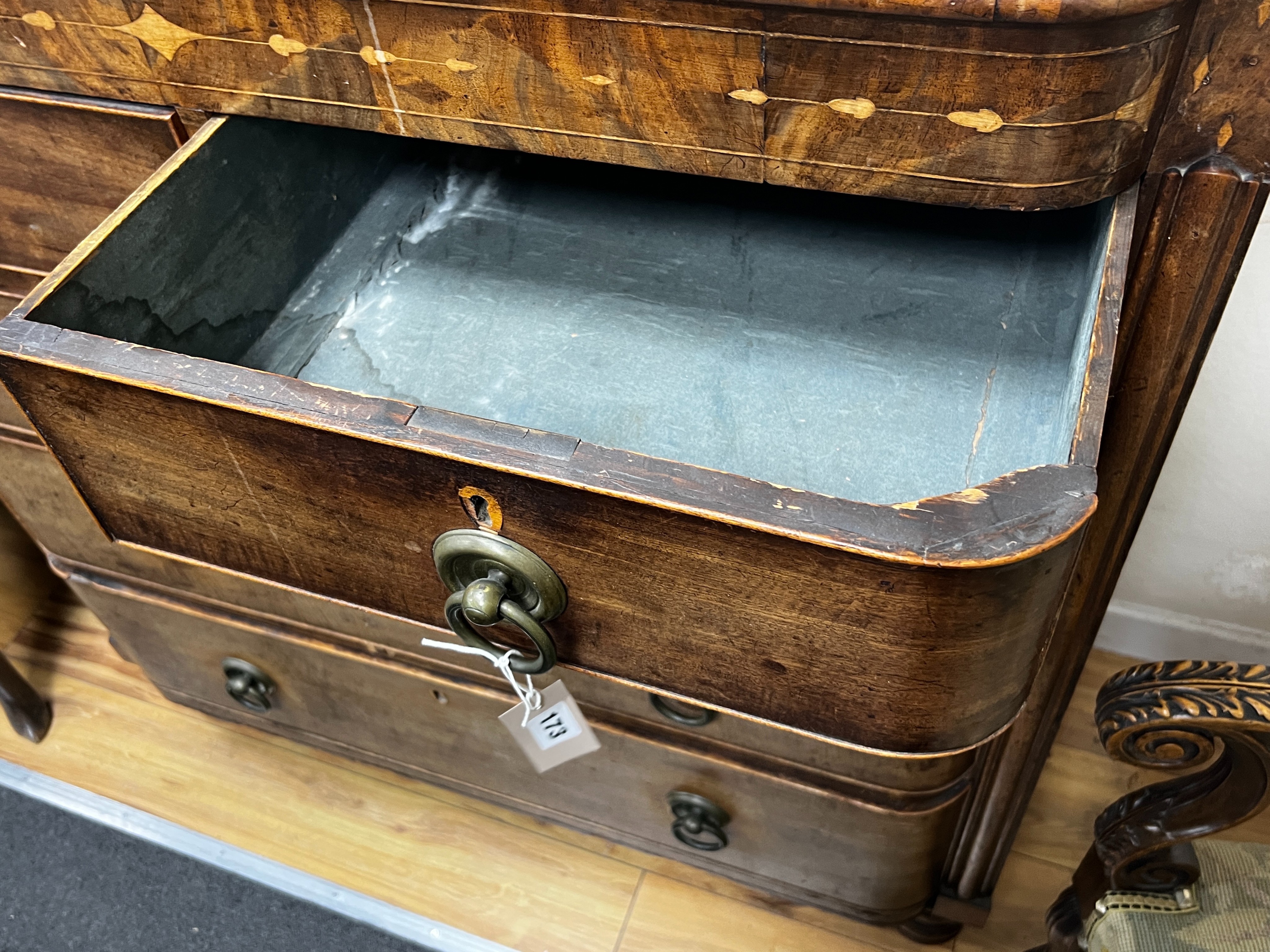 A Regency inlaid mahogany bow front chest, width 108cm, depth 48cm, height 115cm